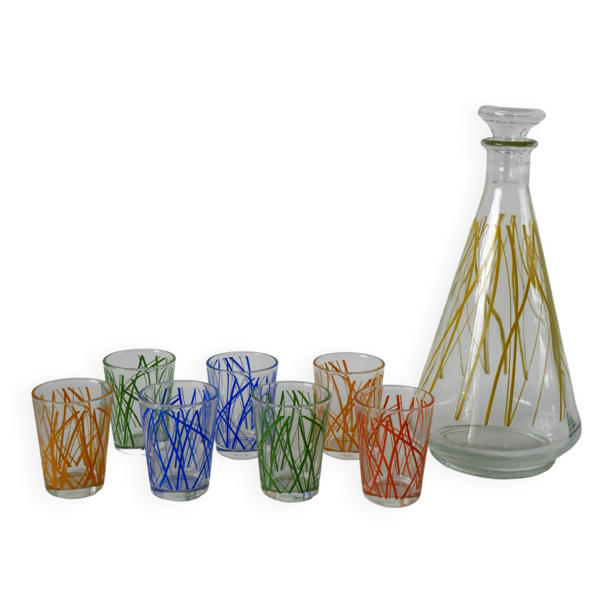 Colorful designer set composed of 7 liqueur glasses and a seventies 70s carafe