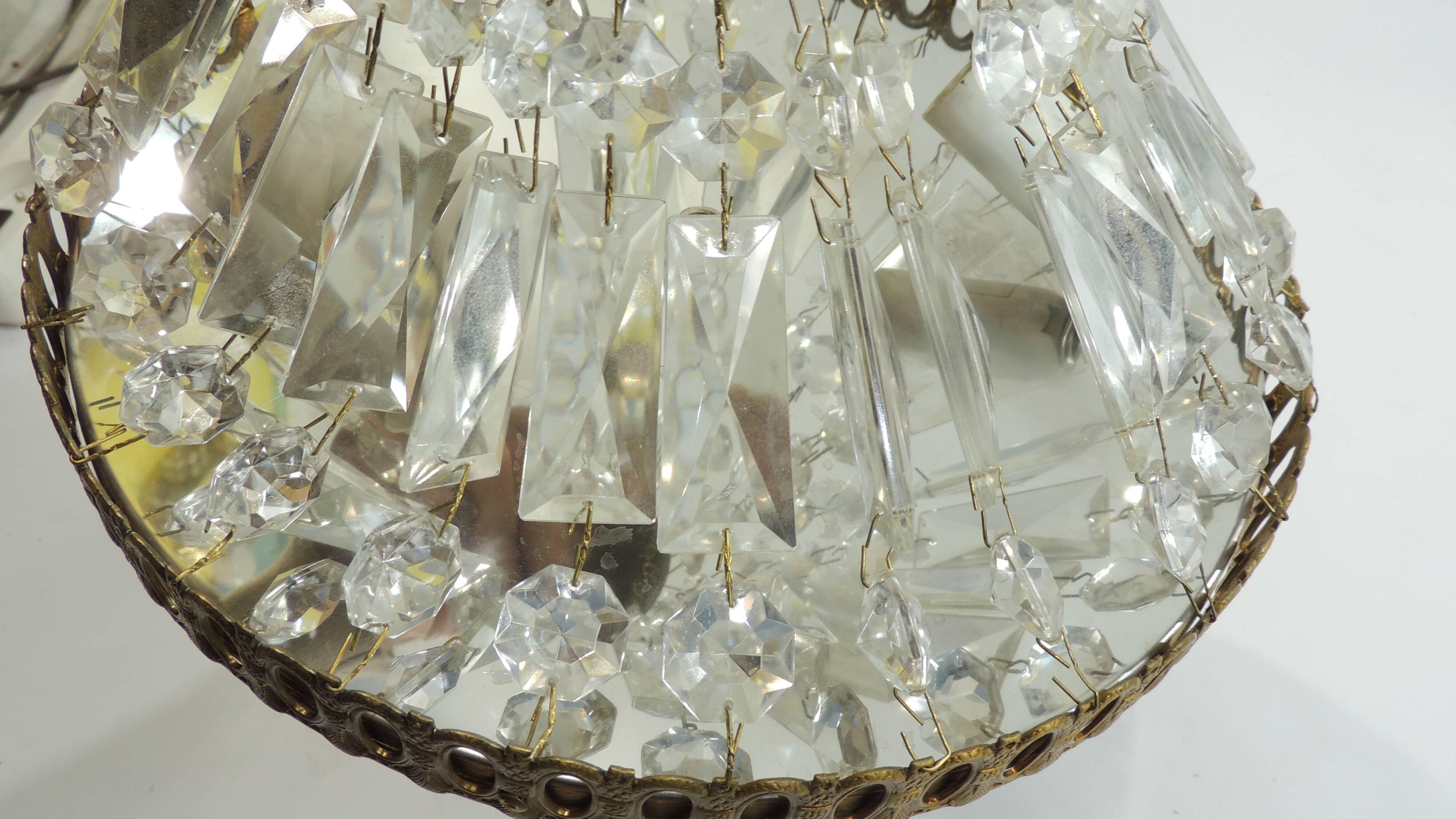 Antique crystal ceiling chandelier, Empire style, patinated gilt metal – pendant light