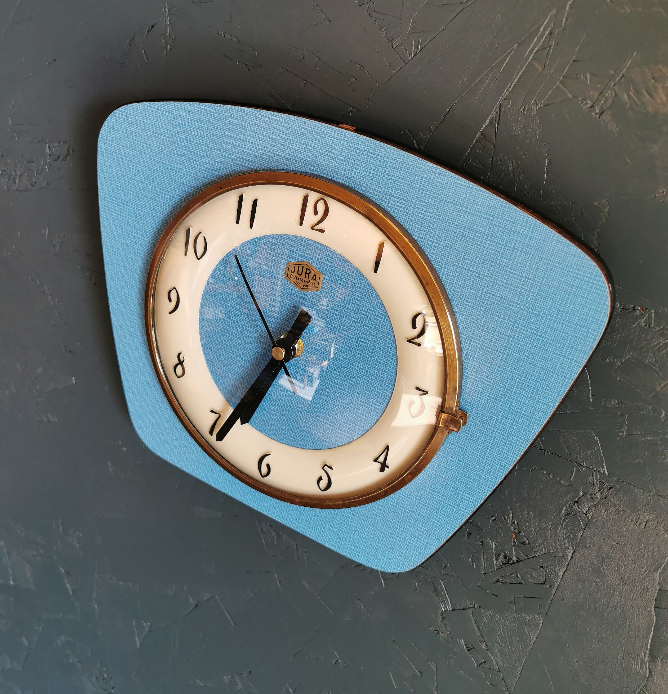 Vintage formica clock silent trapeze wall clock "Blue Jura"