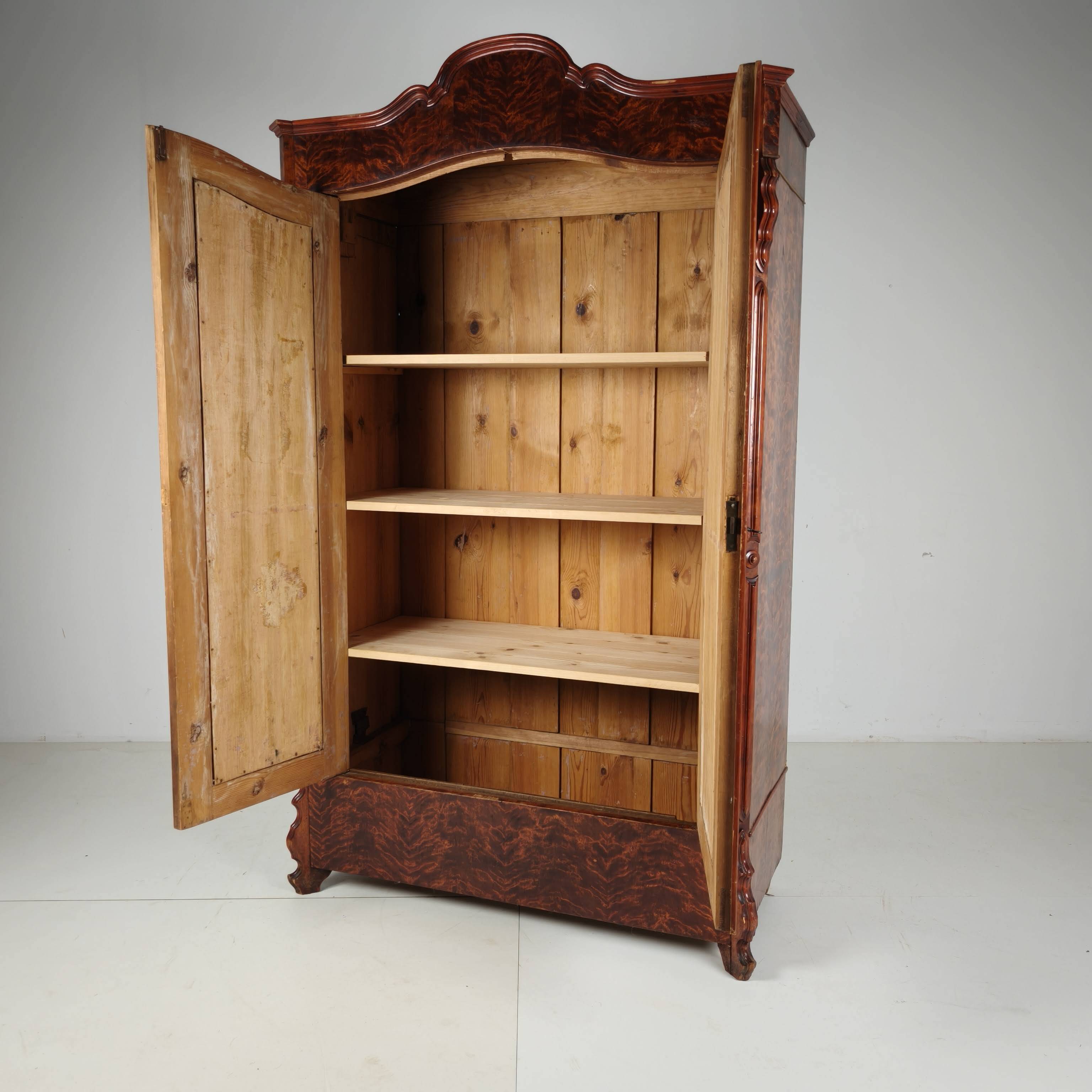 19th Century Pine Linen Cupboard / Wardrobe with Flame Veneer