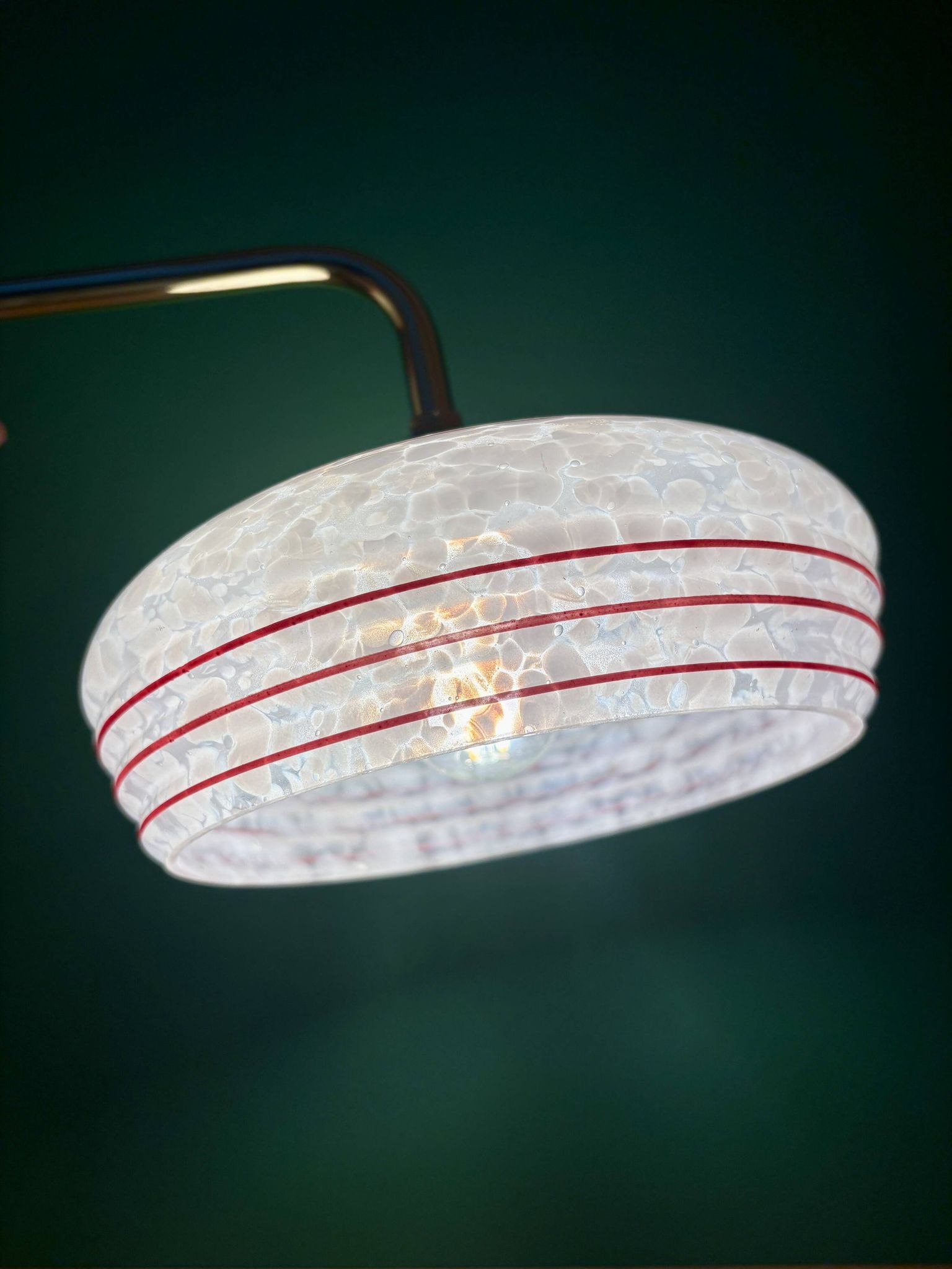 Vintage angled wall lamp with white clichy glass shade and red edging