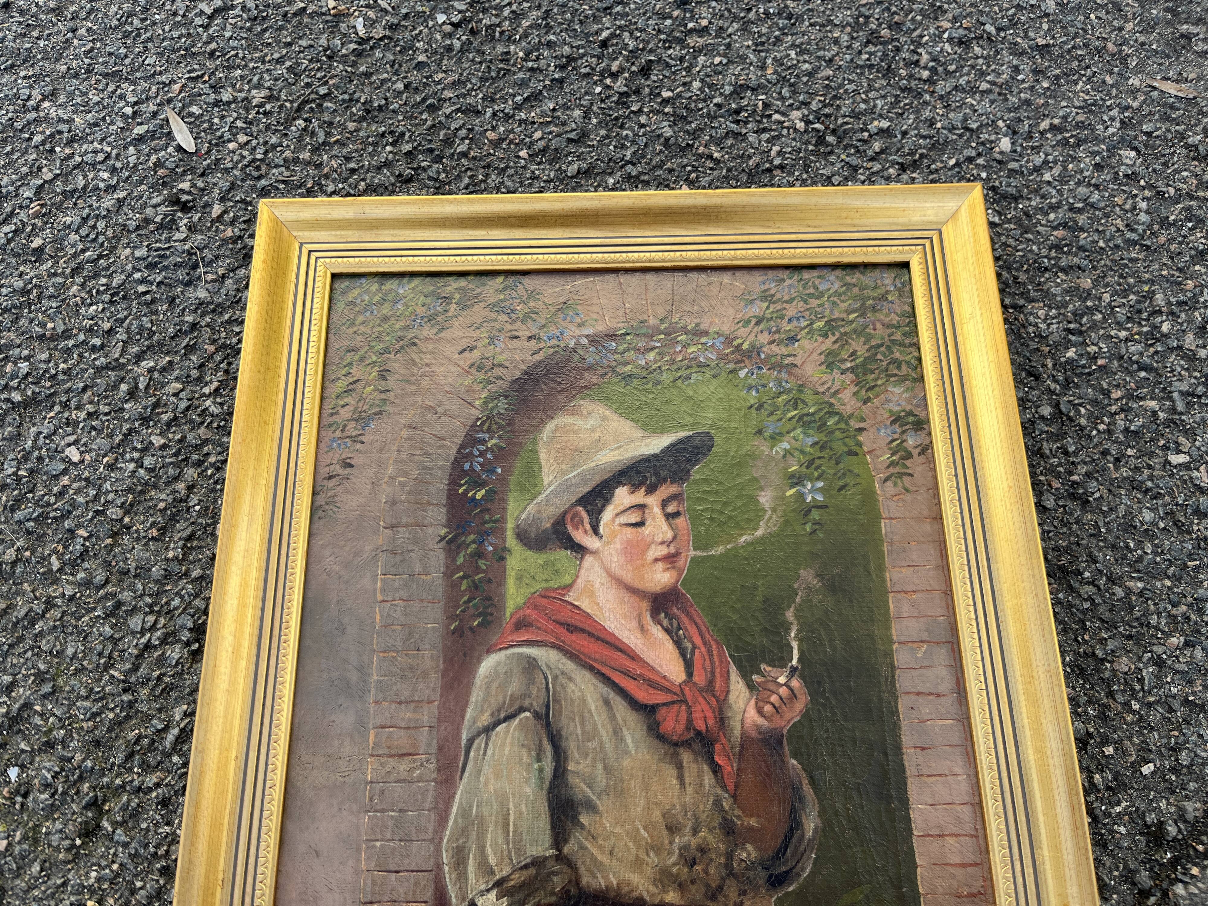 Tableau ancien - Huile sur toile "Le jeune fumeur" - Signé - Cadre doré XIX