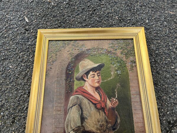 Tableau ancien - Huile sur toile ''Le jeune fumeur'' - Signé - Cadre doré XIX