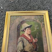 Antique painting - Oil on canvas "The Young Smoker" - Signed - Gilded frame 19th century