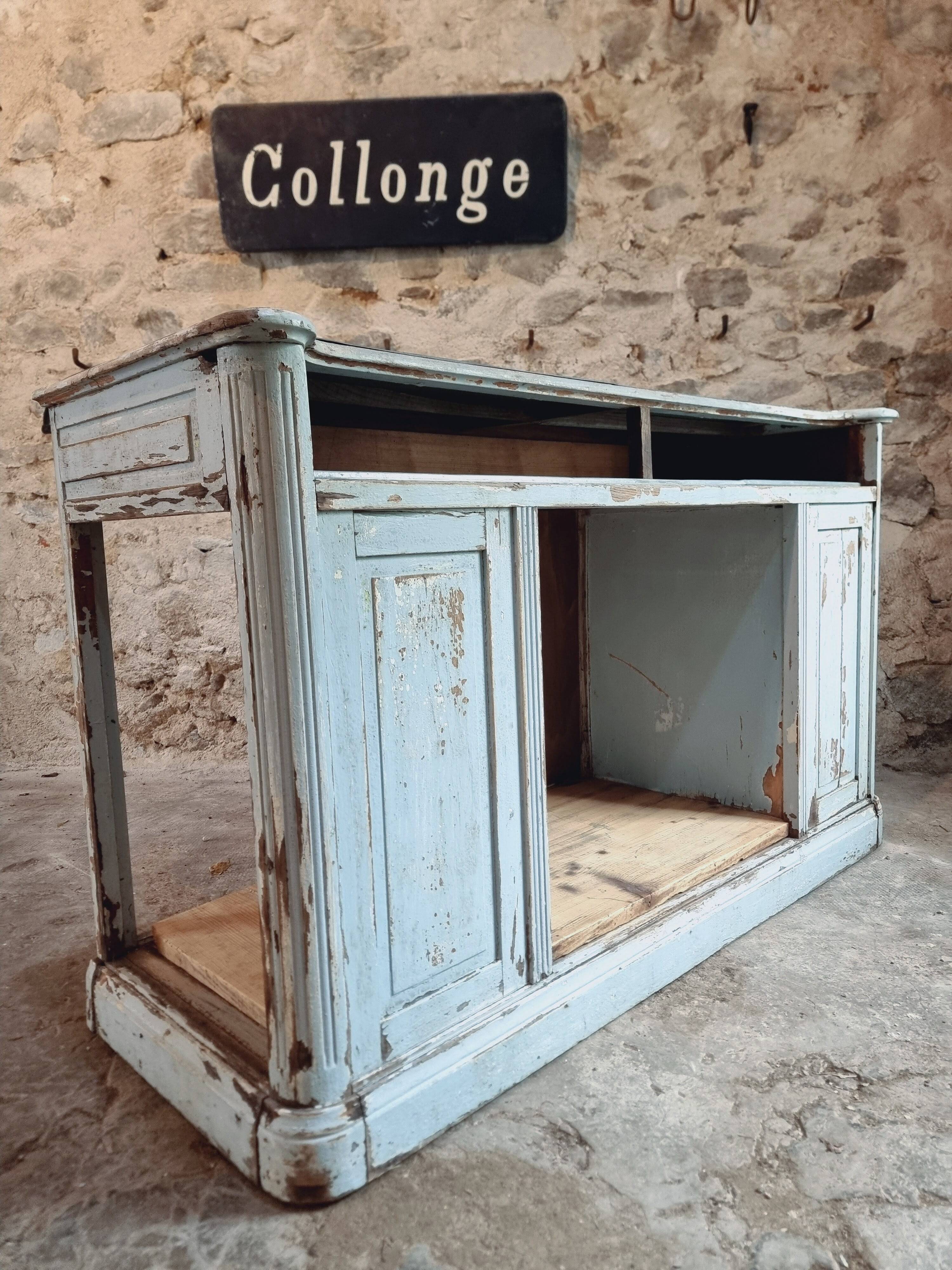 Comptoir ancien en chêne avec plateau en zinc et patine bleue