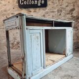 Antique oak counter with zinc top and blue patina