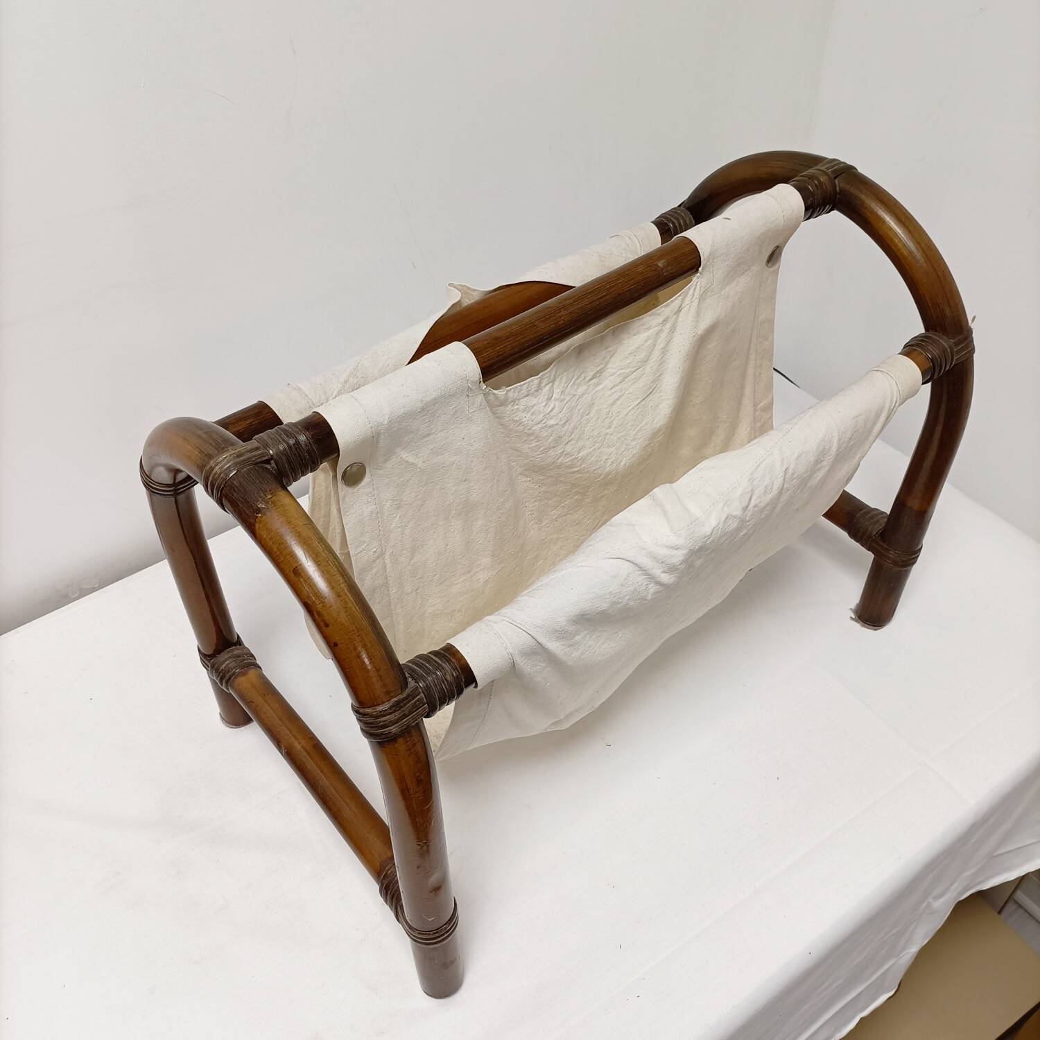 Bamboo and fabric magazine rack - vintage 70s bohemian rattan style