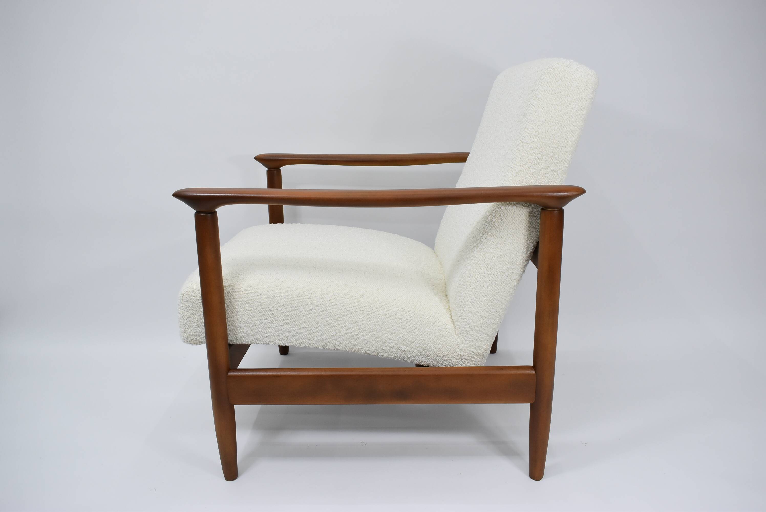Original vintage armchair, 1960s, designer E.Homma, restored, white bouclé