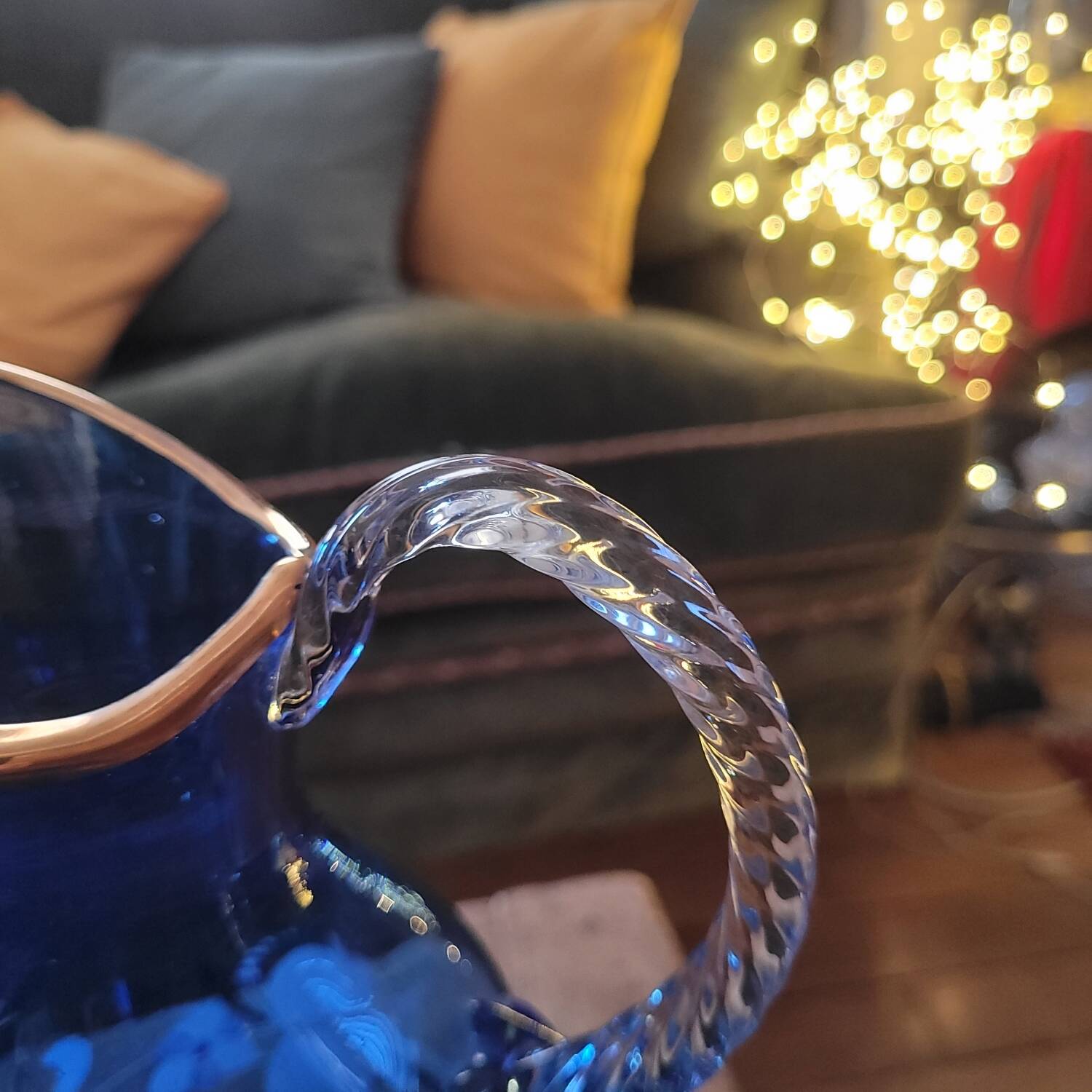 Ewer/pitcher, cobalt blue glass, enameled with flowers, 1950s-60s