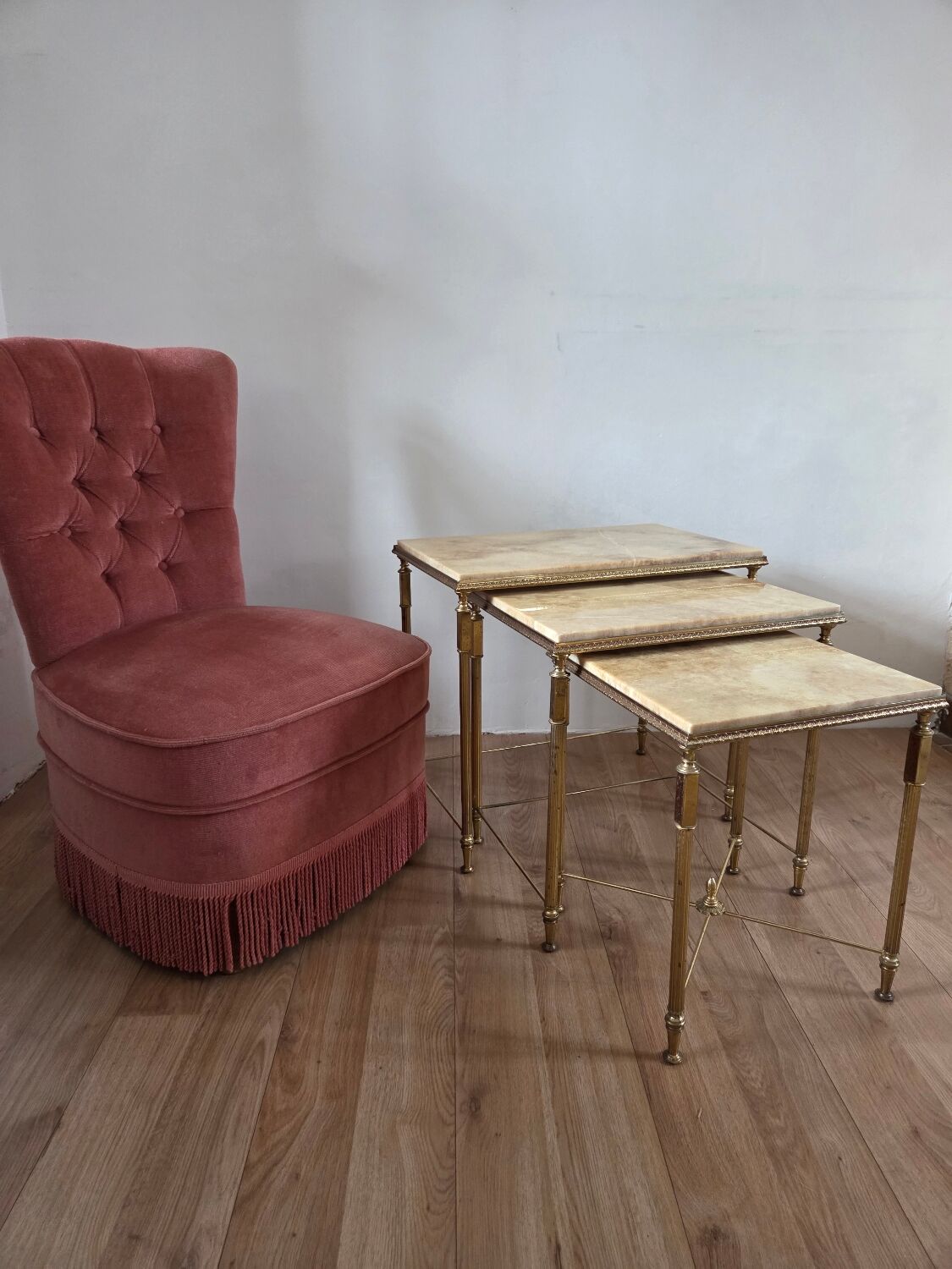 Nested tables in brass and marble, 1950.