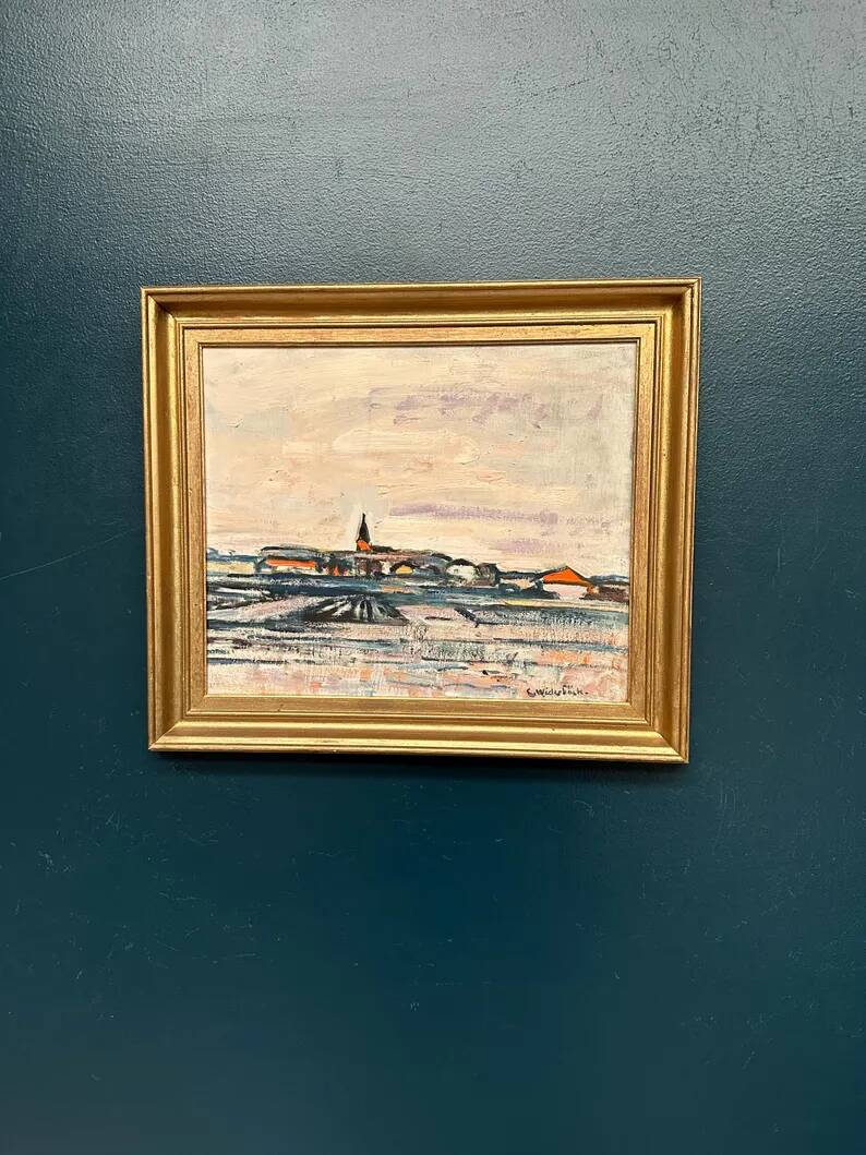 Original Swedish Oil on Panel – "Uppsala" by Gusten Widerbäck – Signed – Dated 1965 (on the back) – Framed – 38 × 43 cm