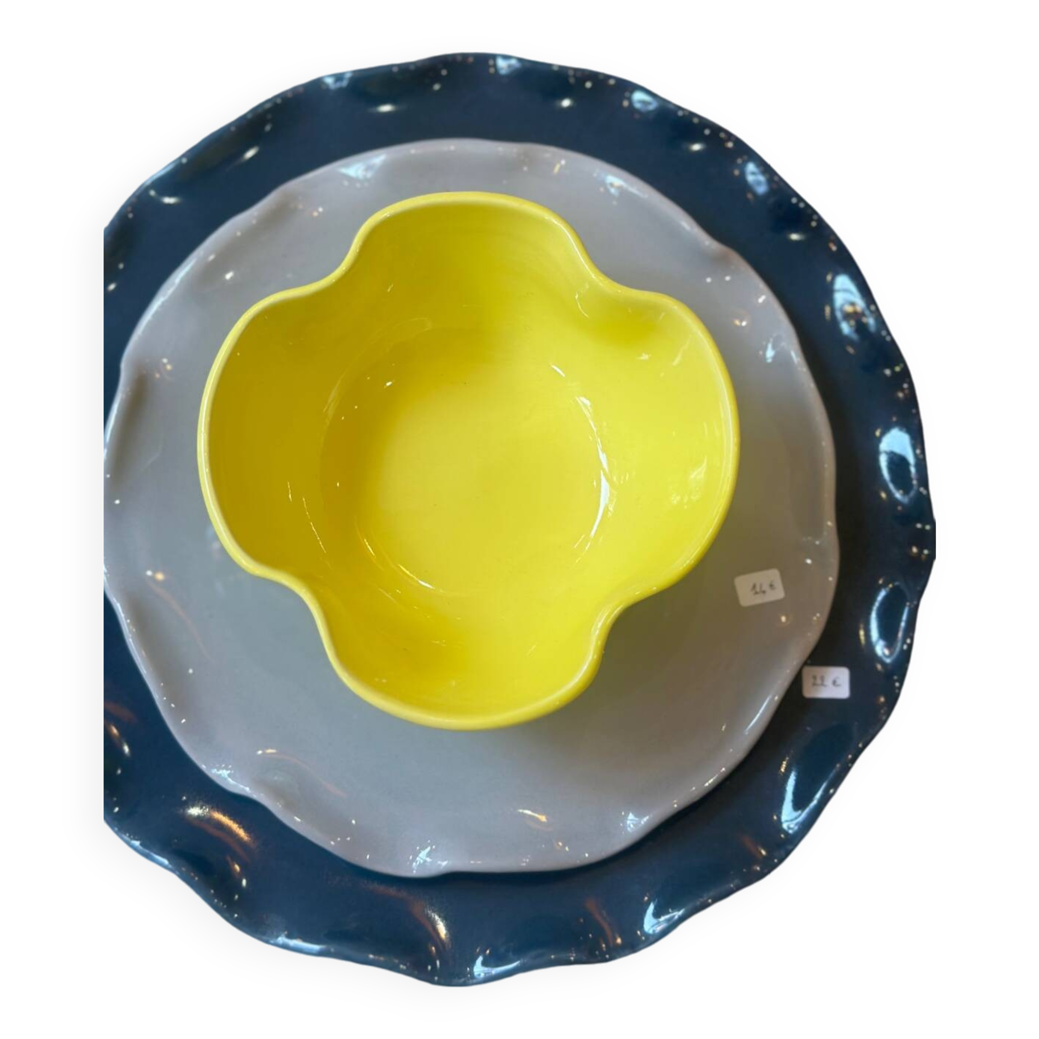 Handmade enameled ceramic bowl, lemon yellow pop clover flower
