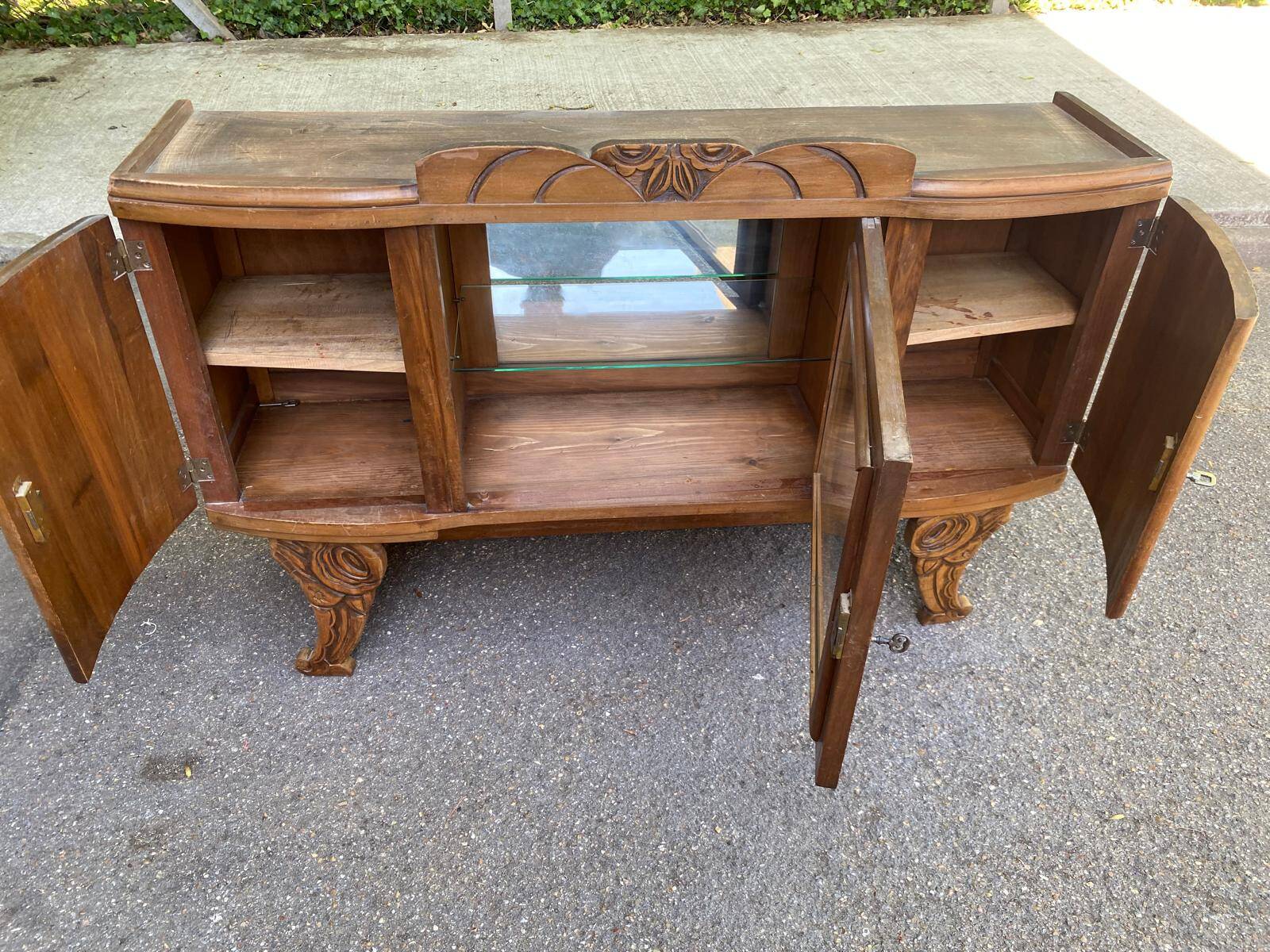 Art Deco sideboard top, low display cabinet in solid wood and mirror from the 1940s.