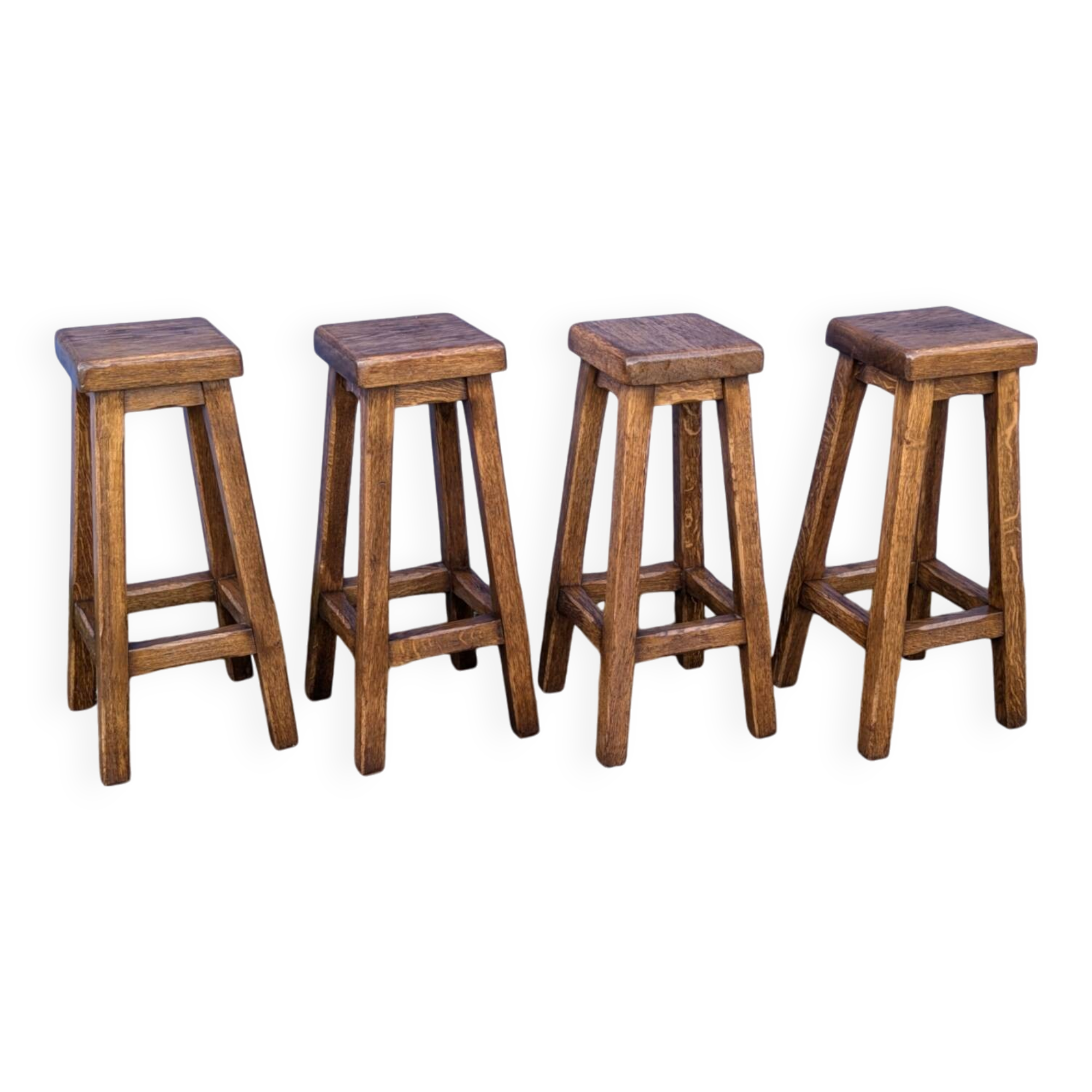 4 Bar Stools, Brutalist Solid Wood Vintage