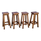 4 Bar Stools, Brutalist Solid Wood Vintage