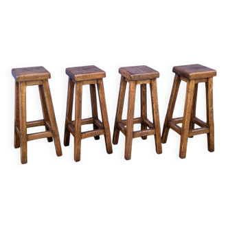4 Bar Stools, Brutalist Solid Wood Vintage