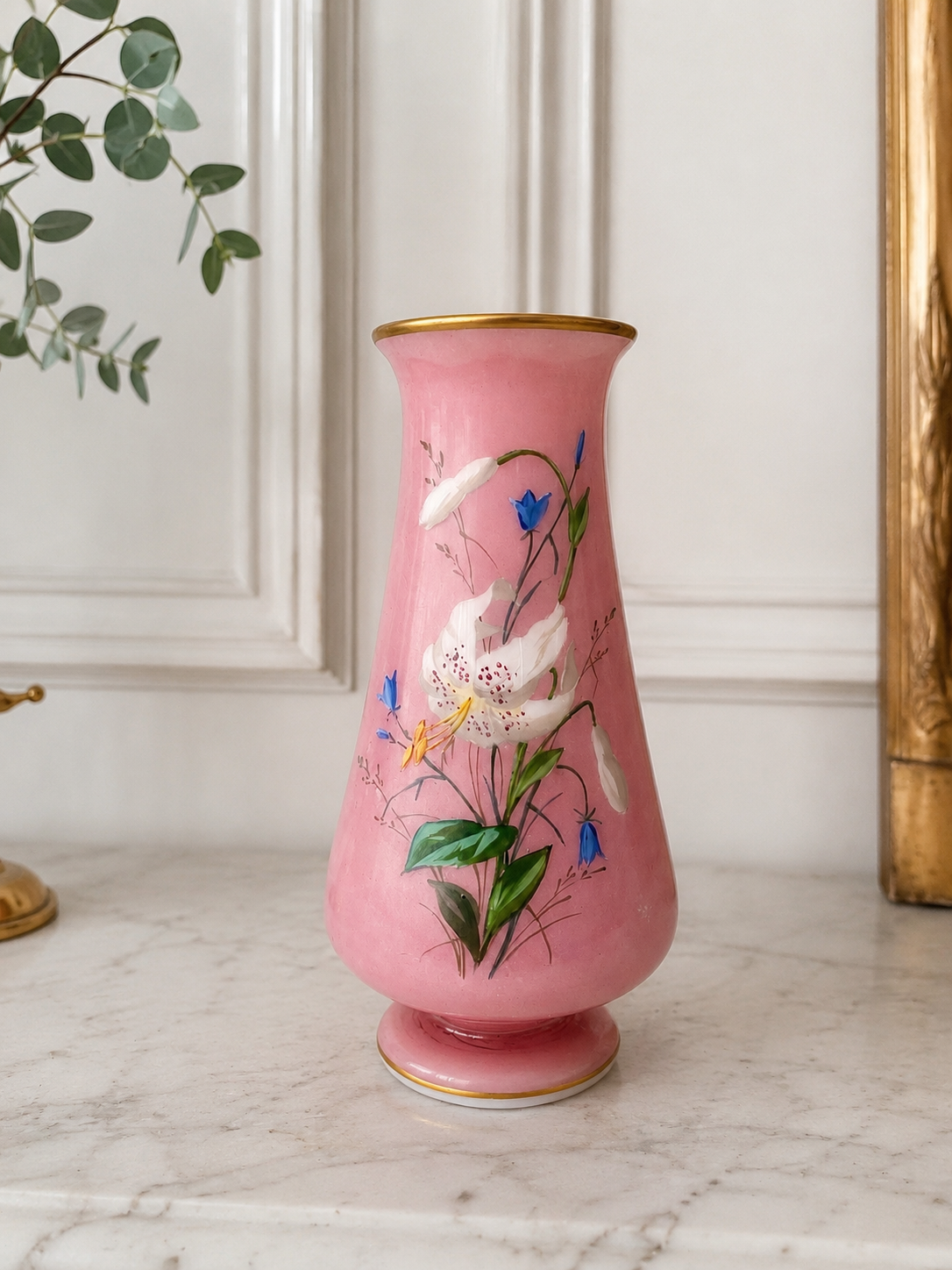Antique pink opaline vase with floral decoration.