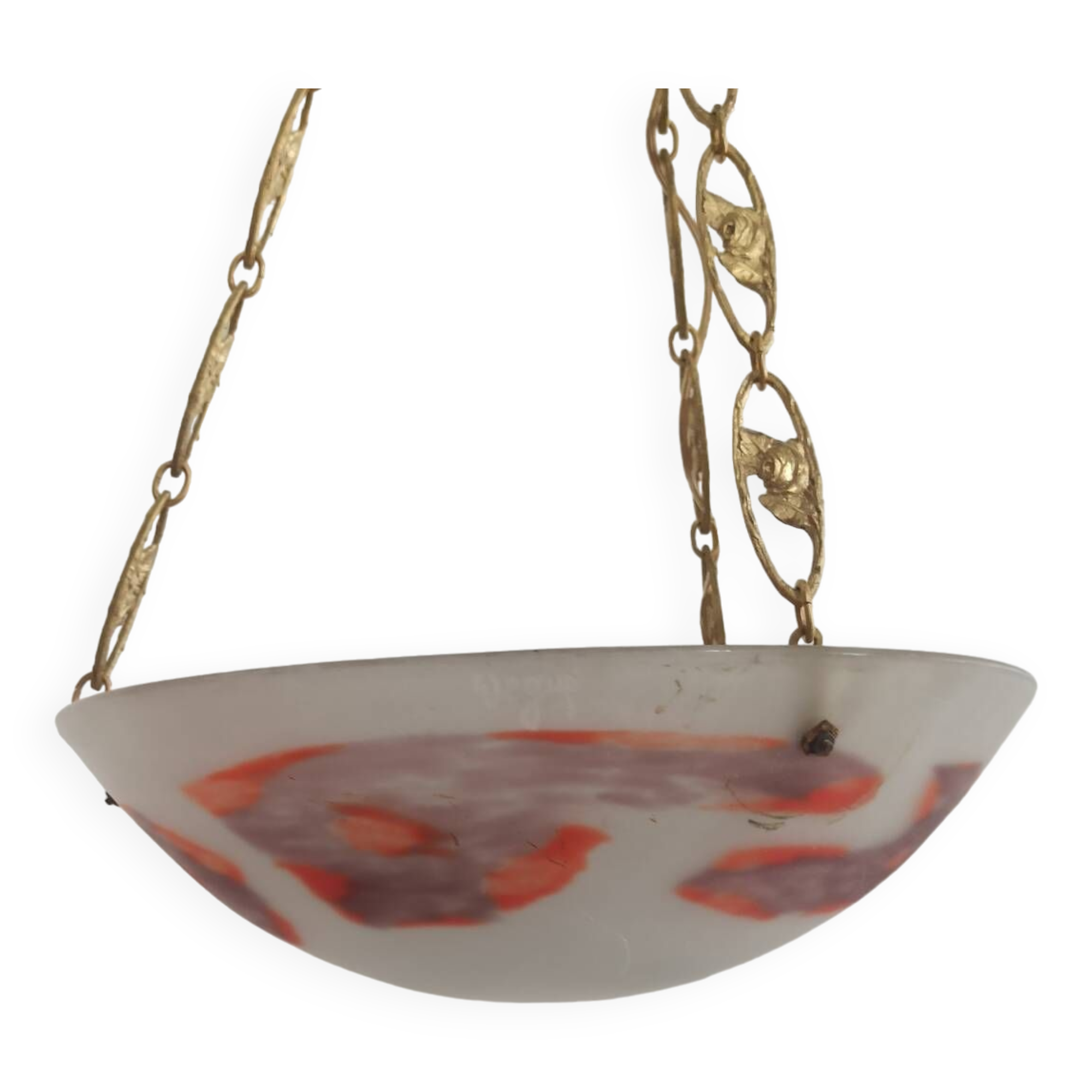 Art Deco suspension in glass paste and twisted brass chain signed Degué.