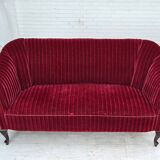 1950s, Danish 2-seater sofa, red furniture velour, ash wood legs.