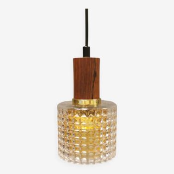 Lampe à suspension suédoise ancienne en verre de cristal multicouche avec plateau en palissandre et anneau en laiton.