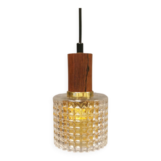 Lampe à suspension suédoise ancienne en verre de cristal multicouche avec plateau en palissandre et anneau en laiton.