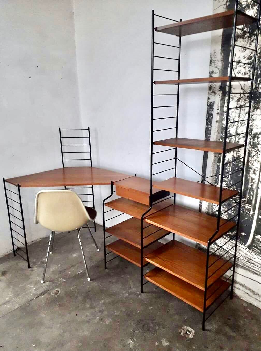 Modular vintage string wall shelf system with 1960-1980's desk