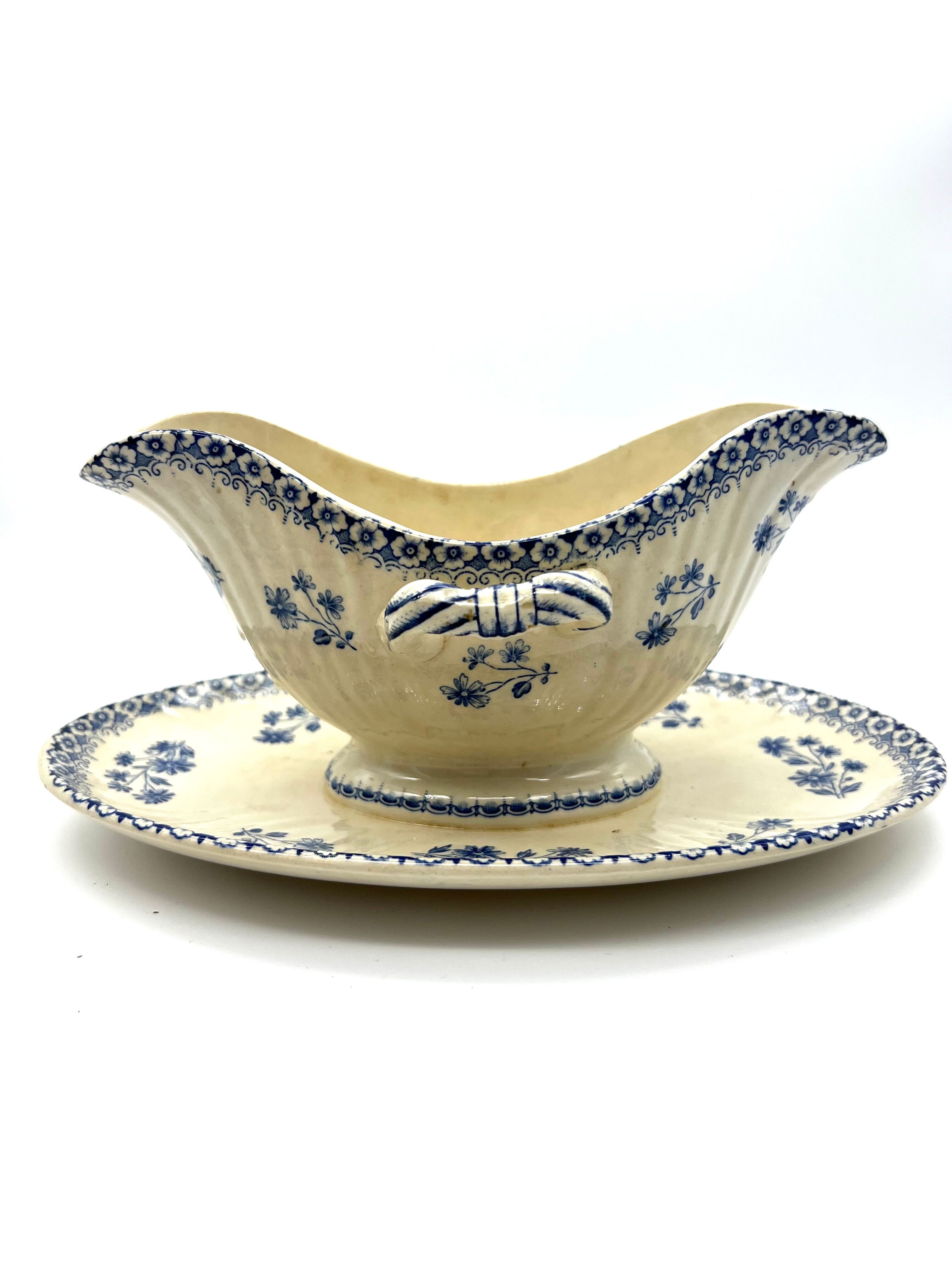 White and blue saucière in faience iron earth Boch Brother model Astre