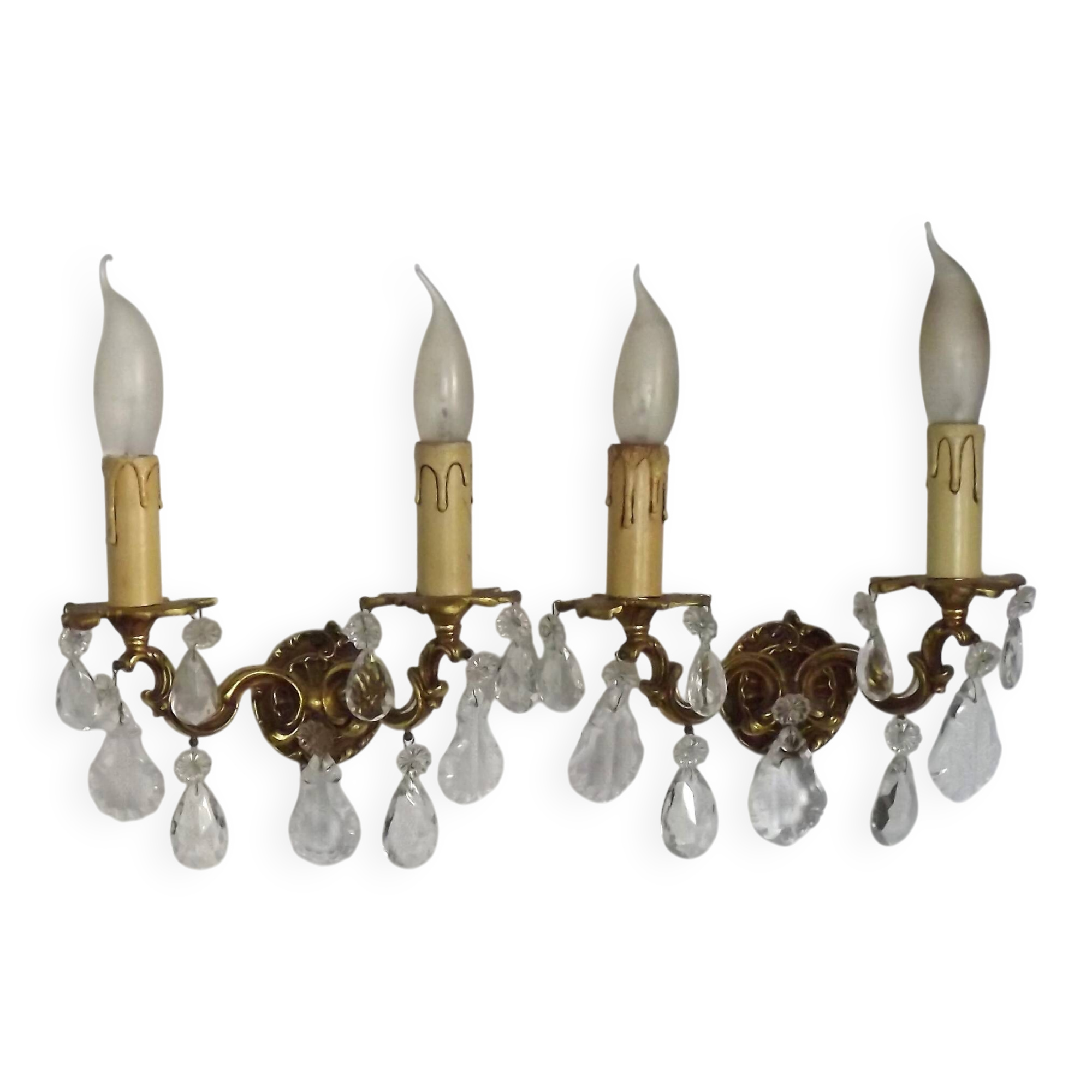Pair of French Vintage Double Bronze Crystal Wall Lights with Acanthus Detail
