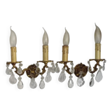 Pair of French Vintage Double Bronze Crystal Wall Lights with Acanthus Detail