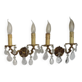 Pair of French Vintage Double Bronze Crystal Wall Lights Acanthus Detail