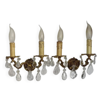 Pair of French Vintage Double Bronze Crystal Wall Lights with Acanthus Detail