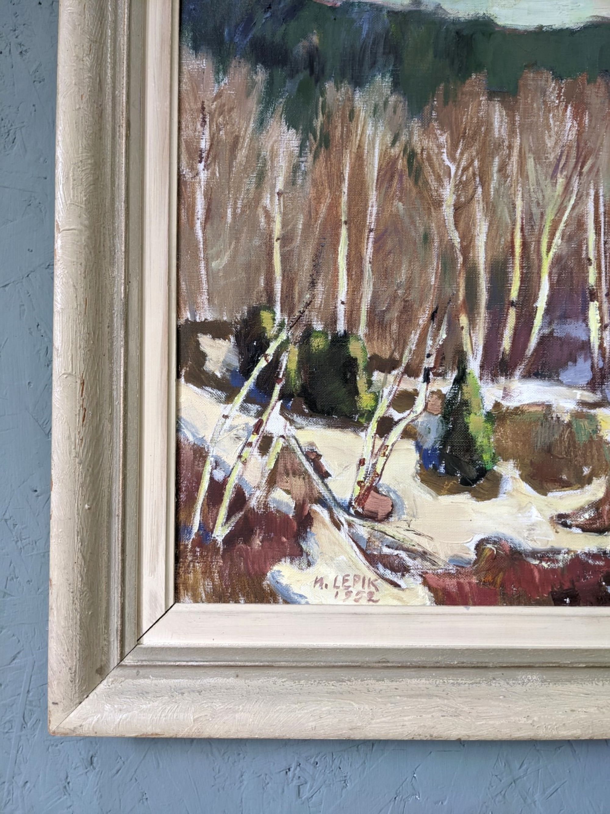 1952 Mid-Century Modern Swedish "Alp Trees" Vintage Winter Landscape Oil Painting, Framed