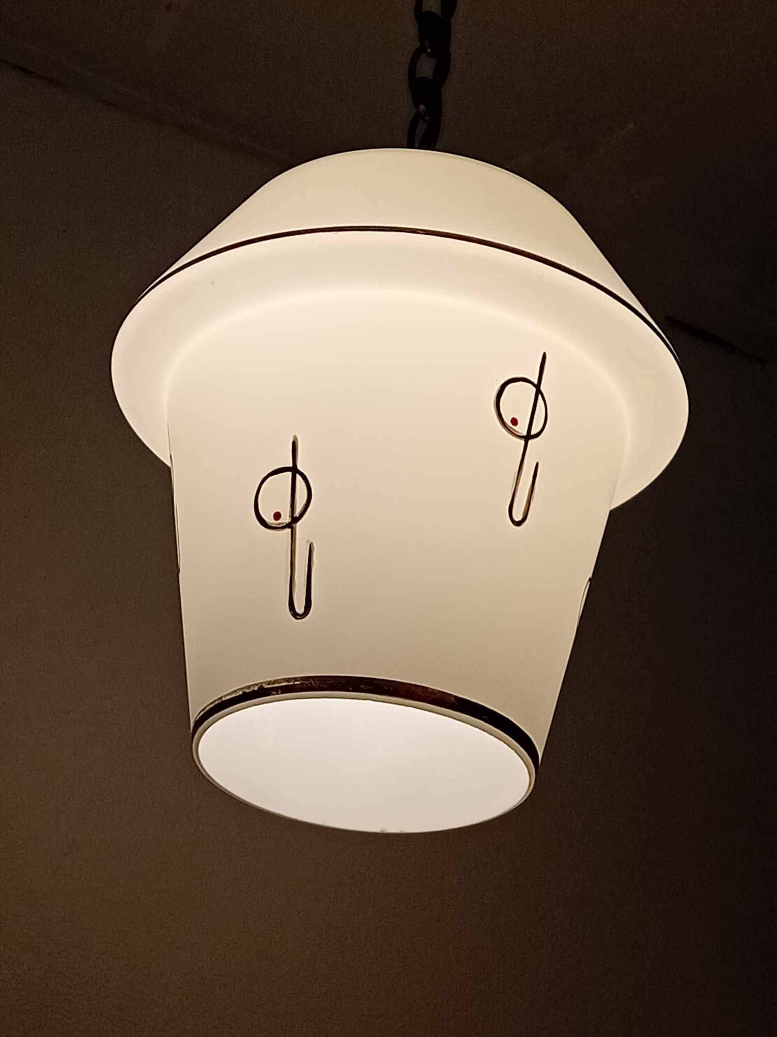 Opaline globe pendant light with stylized 1950s decoration