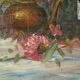 Still life with pink flowers and blue pots.