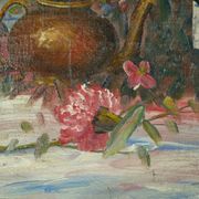 Still life with pink flowers and blue pots.