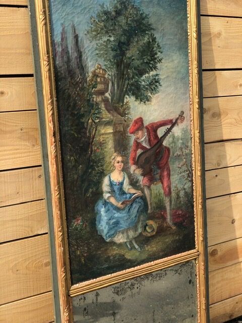 Trumeau mirror painting scene gallant gilded wood