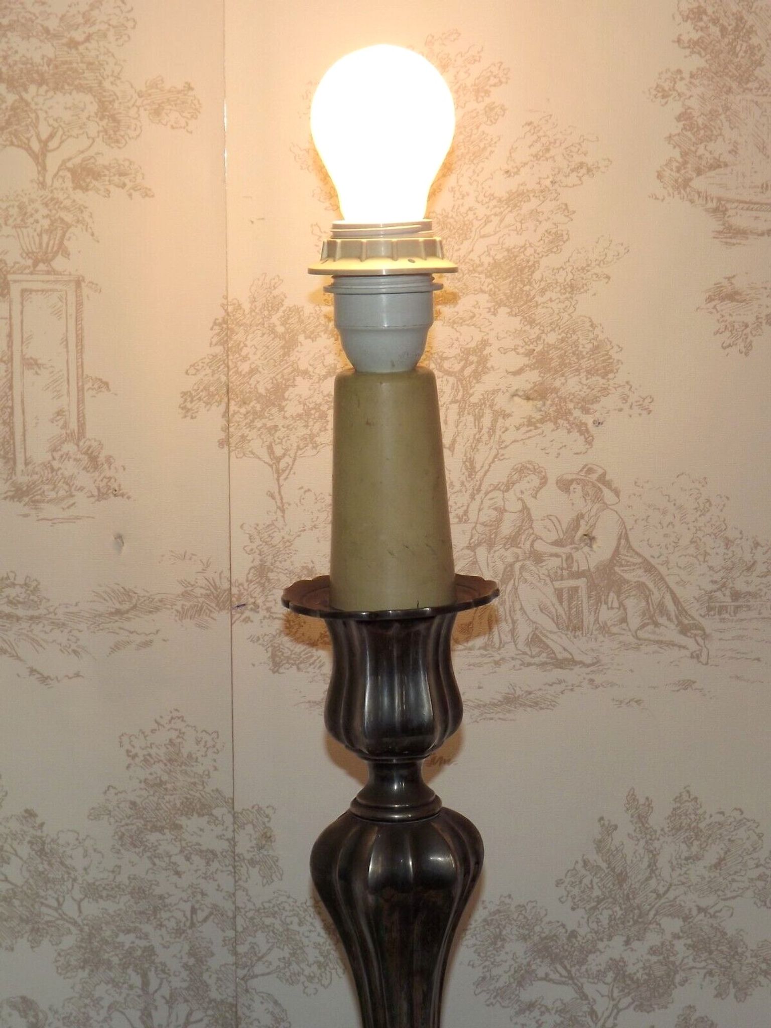 French vintage heavy silver metal table lamp with candle drip detail 4155