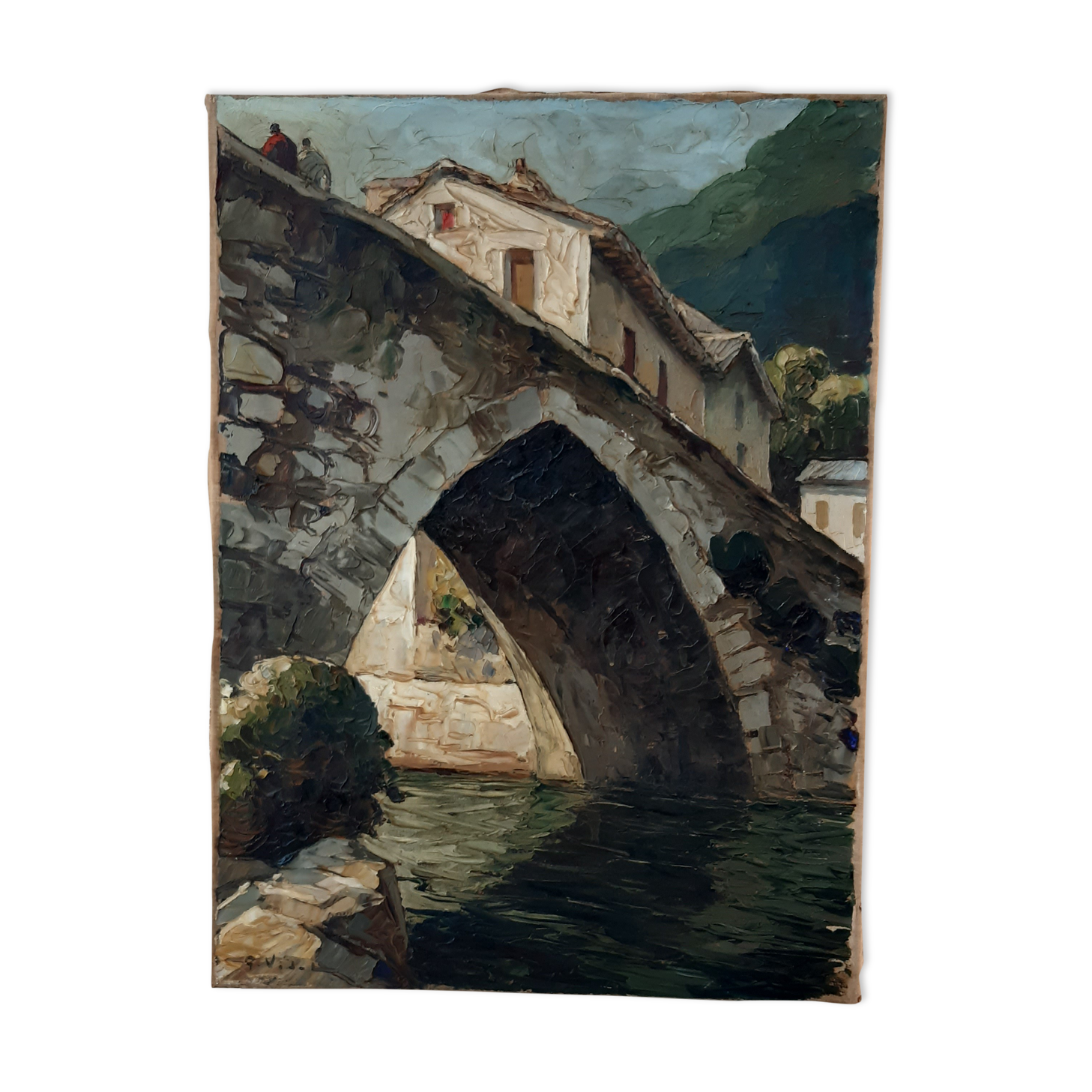 Tableau huile sur toile pont d'Espagne signé