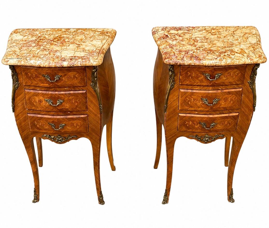 Pair of bedside tables in marquetry – veined marble top – Louis XV style
