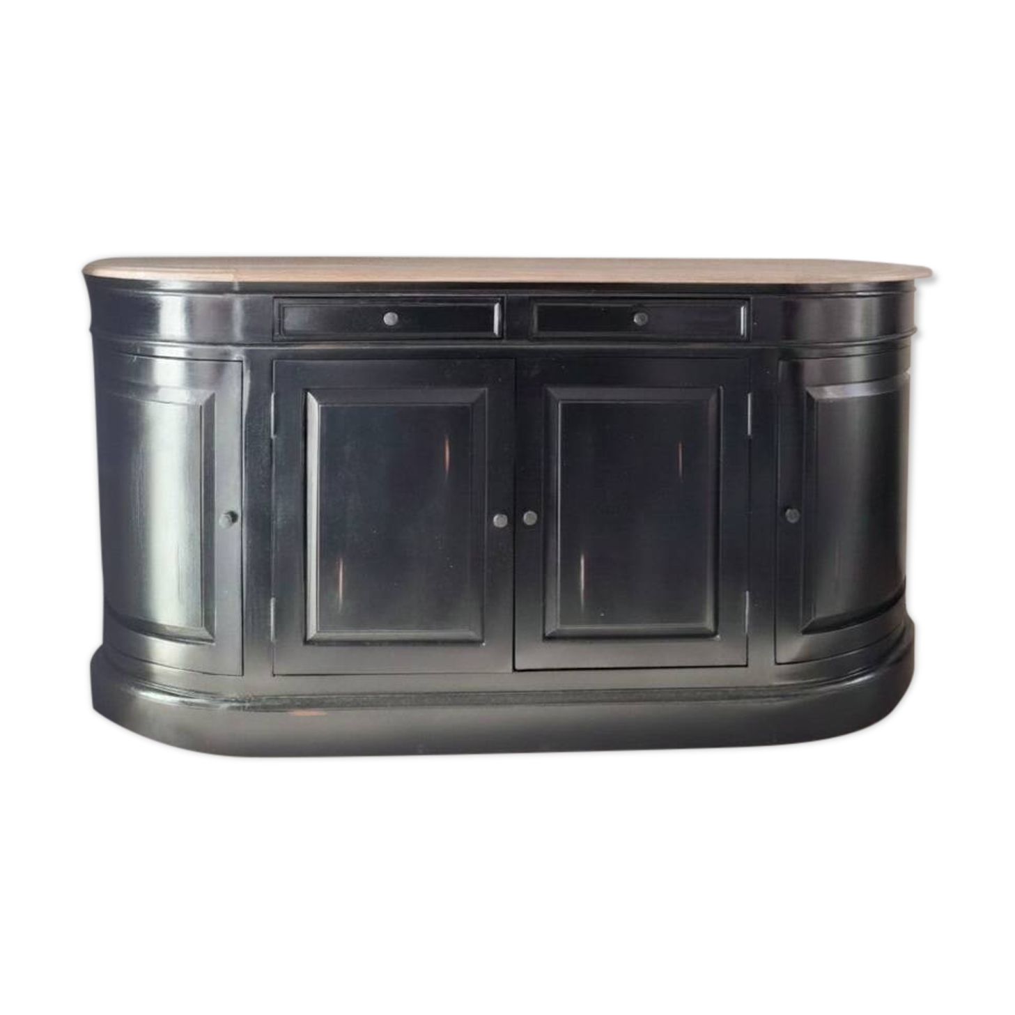 Black sideboard with curved sides and wooden top