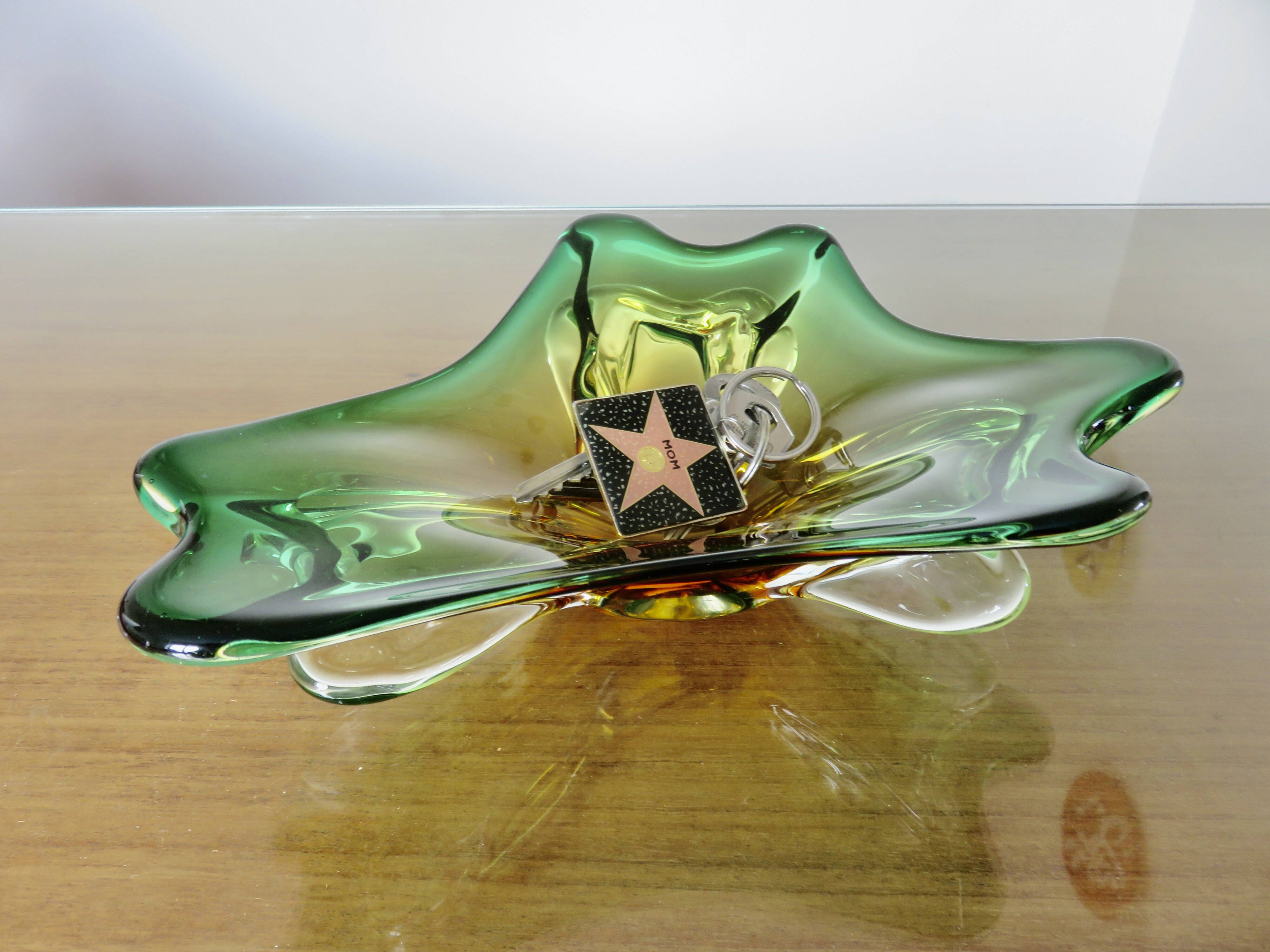 Vide poche en verre de Murano vert, ambre et transparent, années 60 70