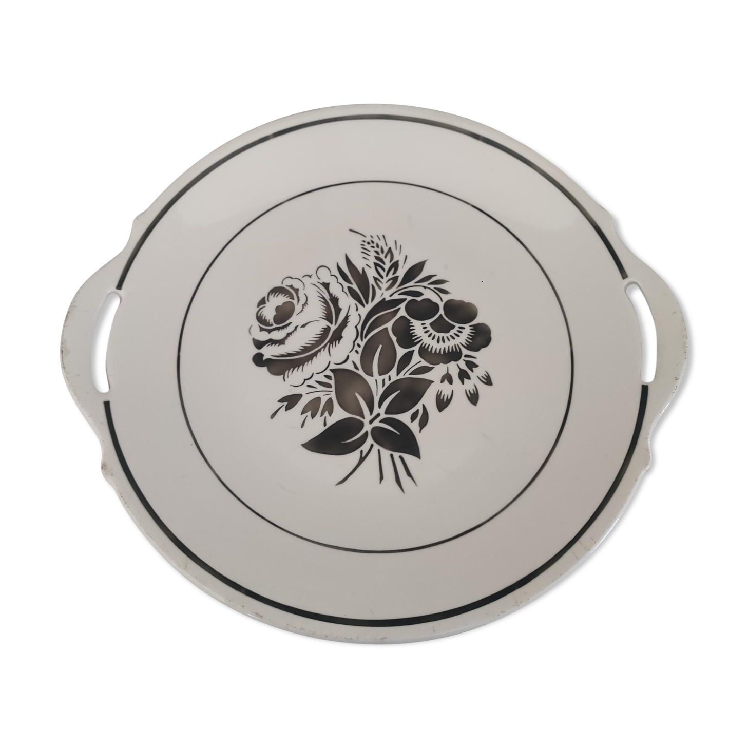 Pie or cake dish 2 handles in old earthenware decoration gray roses