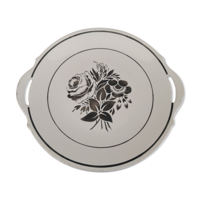 Plat à tarte ou à gâteau 2 anses en faïence ancienne décor roses grises