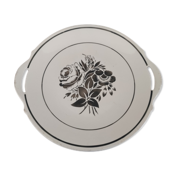 Pie or cake dish 2 handles in old earthenware decoration gray roses