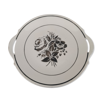 Pie or cake dish 2 handles in old earthenware decoration gray roses