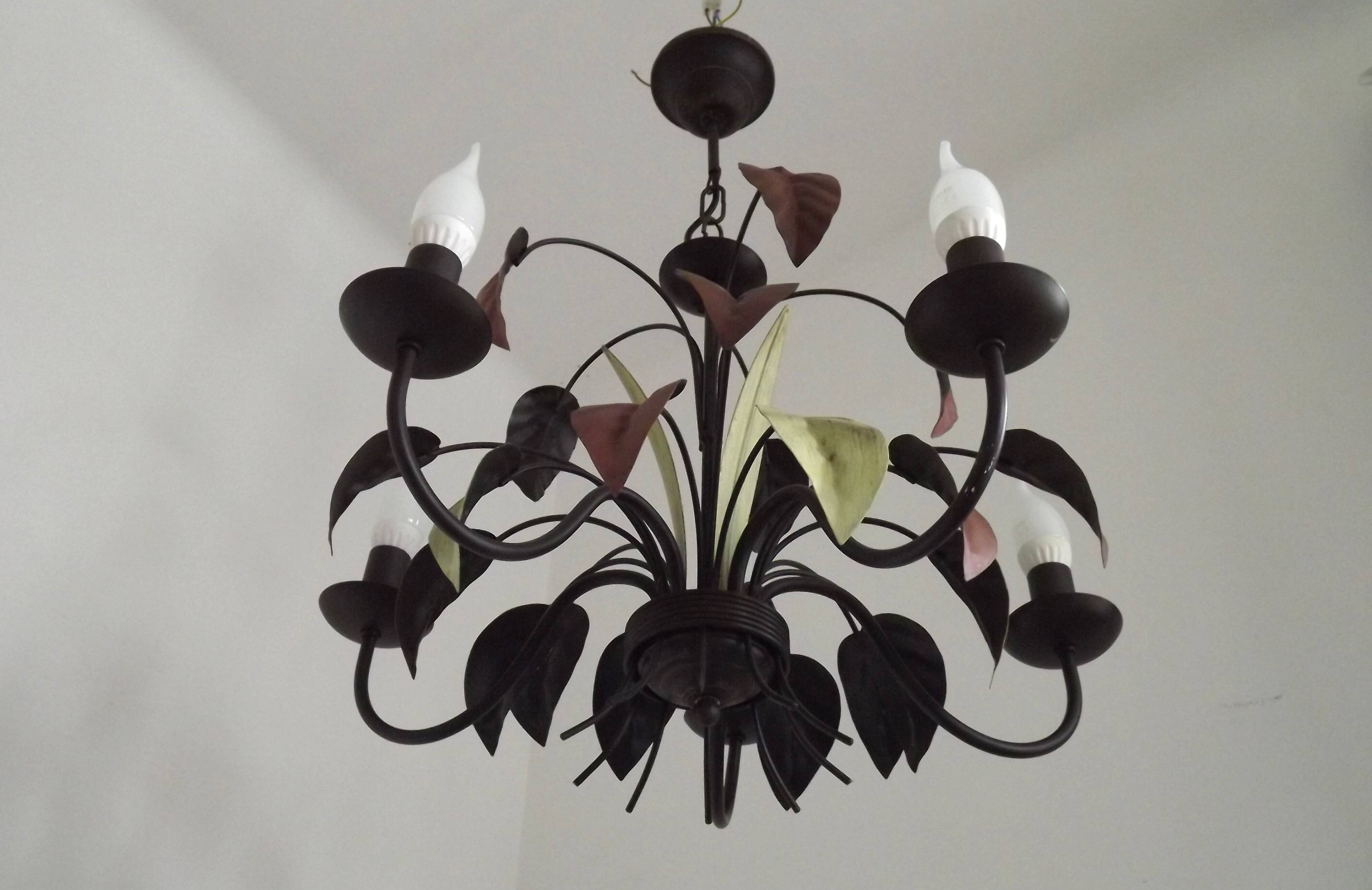 French Vintage 5 Light Brown & Green Tied Boquet Leaf Chandelier