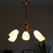 Chandelier copper tulip golden glass and white patterns 6 lights old vintage luminaire restored