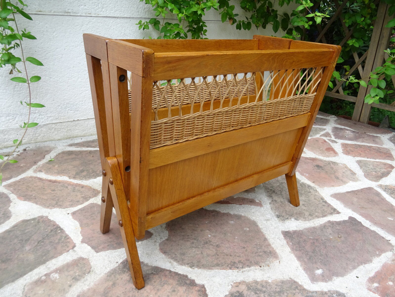 Oak and rattan magazine rack