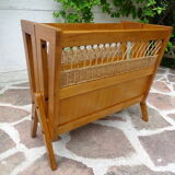 Oak and rattan magazine rack