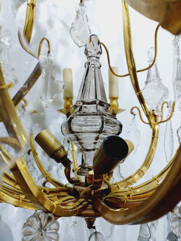 Lustre cage 12 lumières bronze et cristal